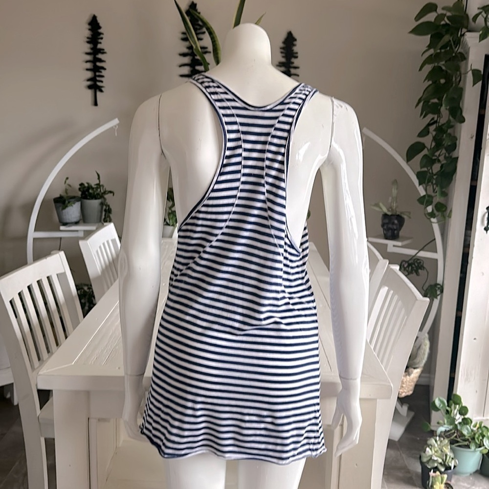 Wilfred Aritzia Racerback tank top, navy blue and white striped Small w pocket